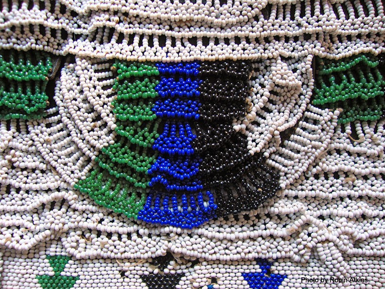South African Zulu beadwork - man's apron - detail showing beaded surface edge stitching