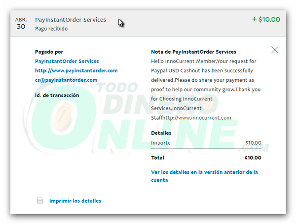 Prueba de pago por PayPal de InnoCurrent