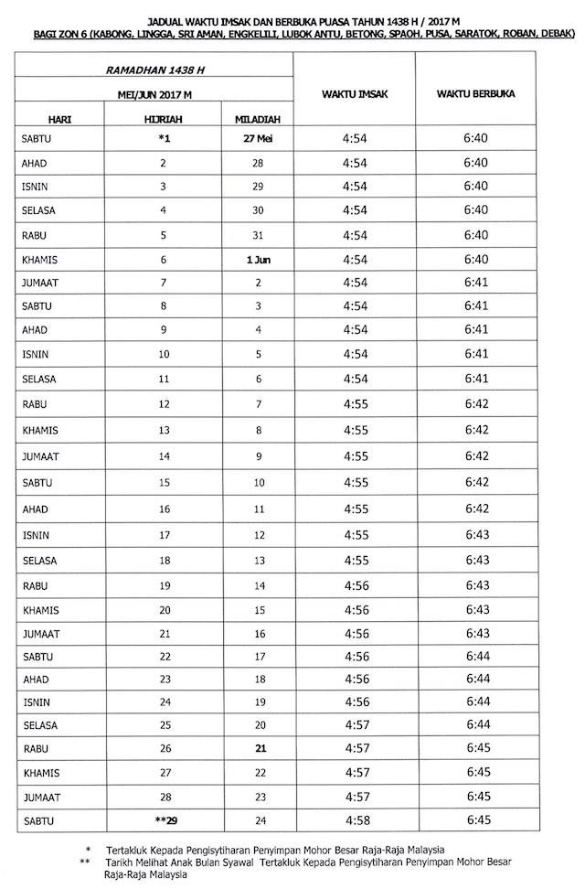 Jadual Waktu Buka Puasa dan Imsak 2017 - Sarawak
