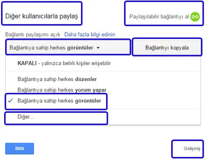 Google Drive yüklenen dosya link paylaşım seçenekleri