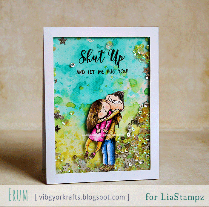Lia Stampz boy hug shaker card, distress ink watercolor background