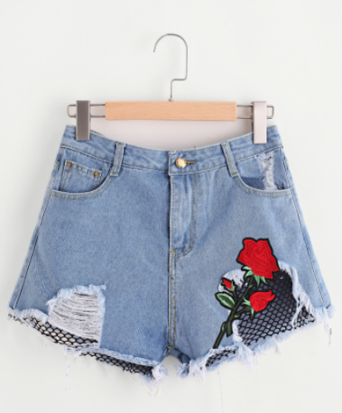  Rose Embroidered Applique Contrast Fishnet Ripped Shorts