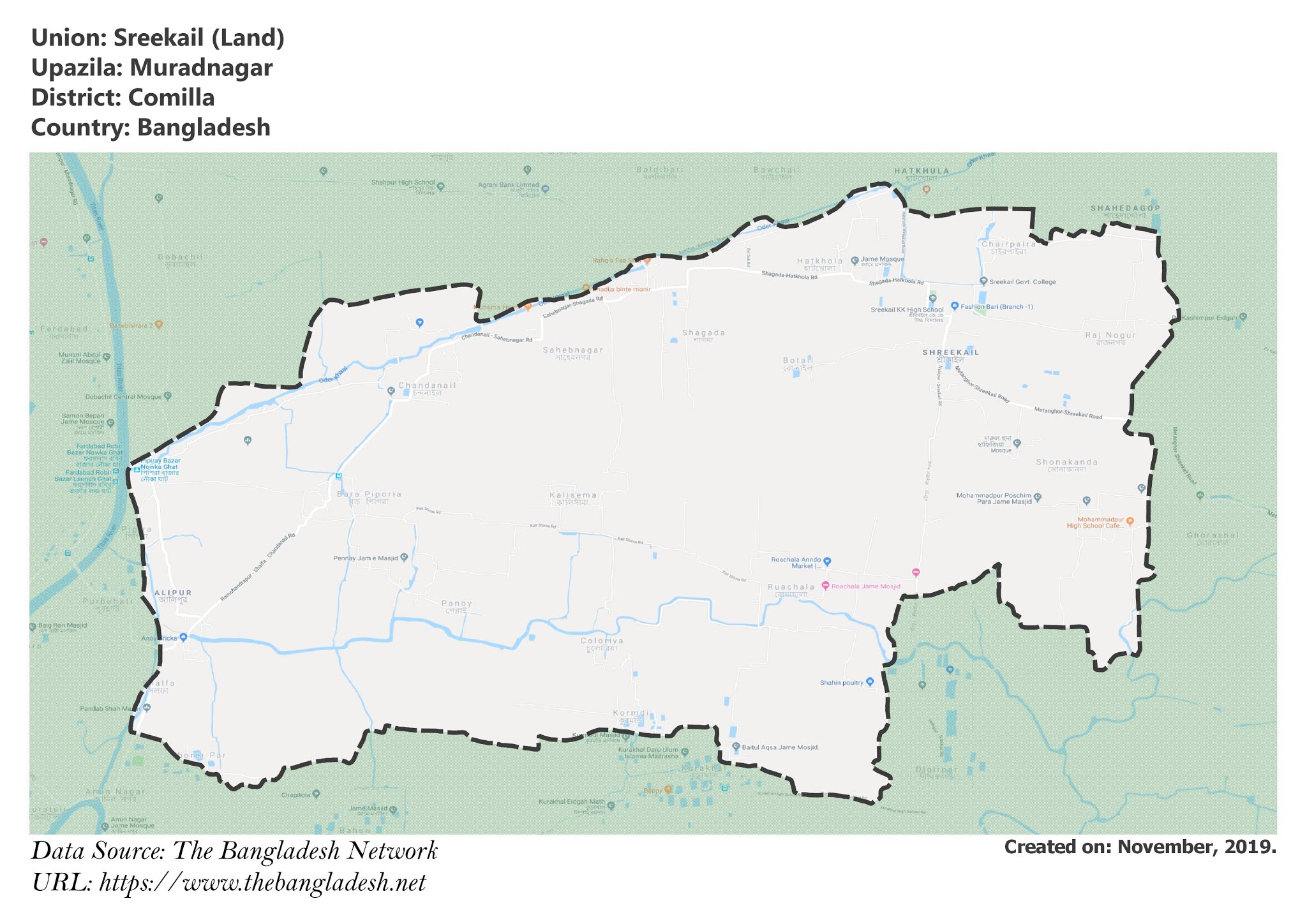 Map of Sreekail of Comilla, Bangladesh.