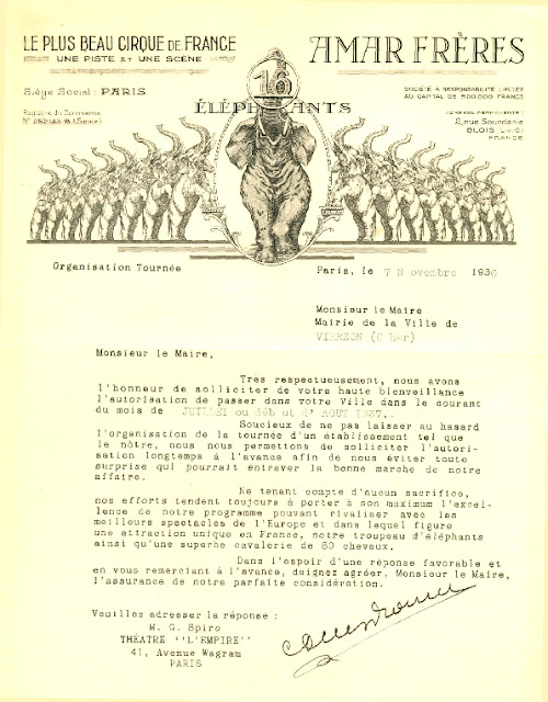 Papier à en tête du cirque Amar  avec 17 éléphant , demande d'autorisation pour s'installer dans une ville