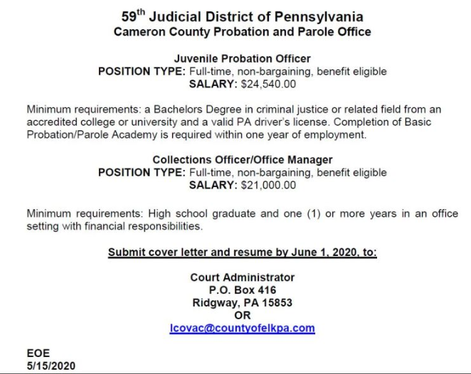 Cameron County PA News Cameron County Parole Office Jobs Available