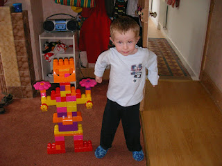 robot made out of mega duplo lego blocks