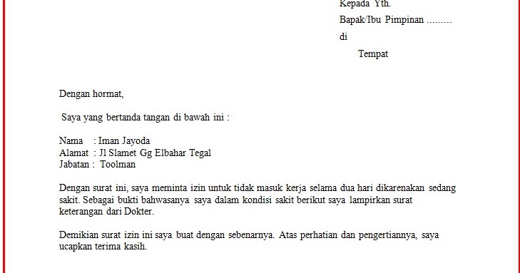 Contoh Surat Izin Sakit Dalam Bahasa Inggris Beserta