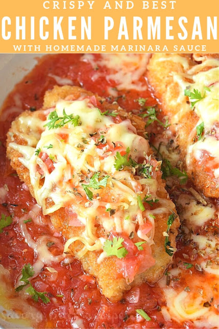 easy breaded chicken parmesan served in a pan topped with mozzarella