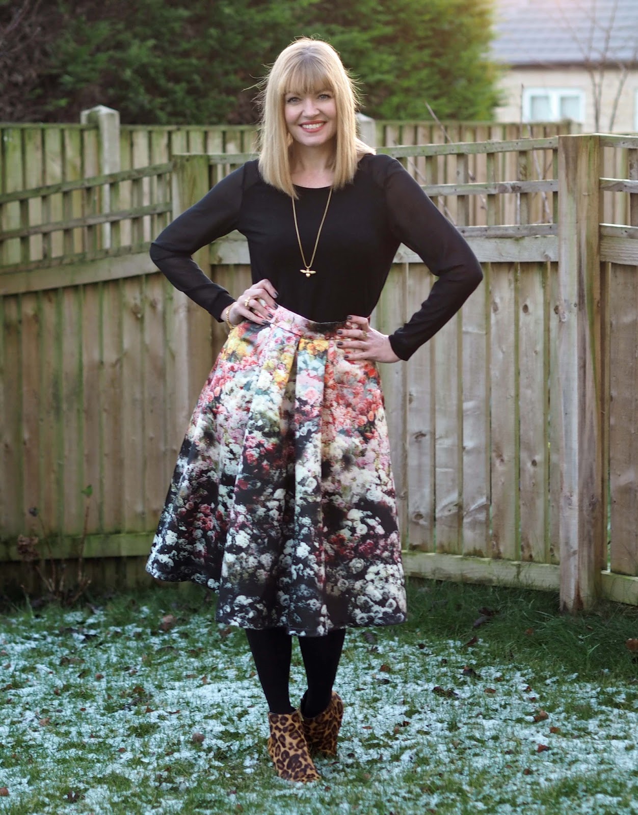 Wearing a Floral Midi Skirt with Leopard Print Boots - What Lizzy Loves