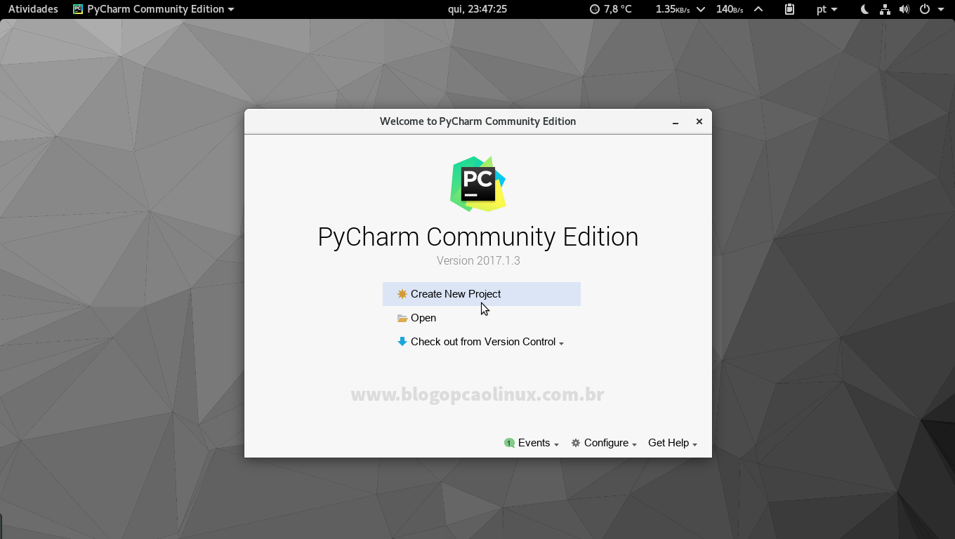 PyCharm Community executando no openSUSE Tumbleweed com ambiente de desktop GNOME