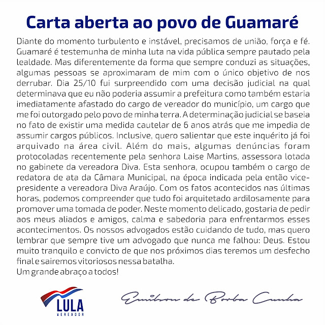 Emilson Borba(Lula) lança carta aberta ao povo de Guamaré