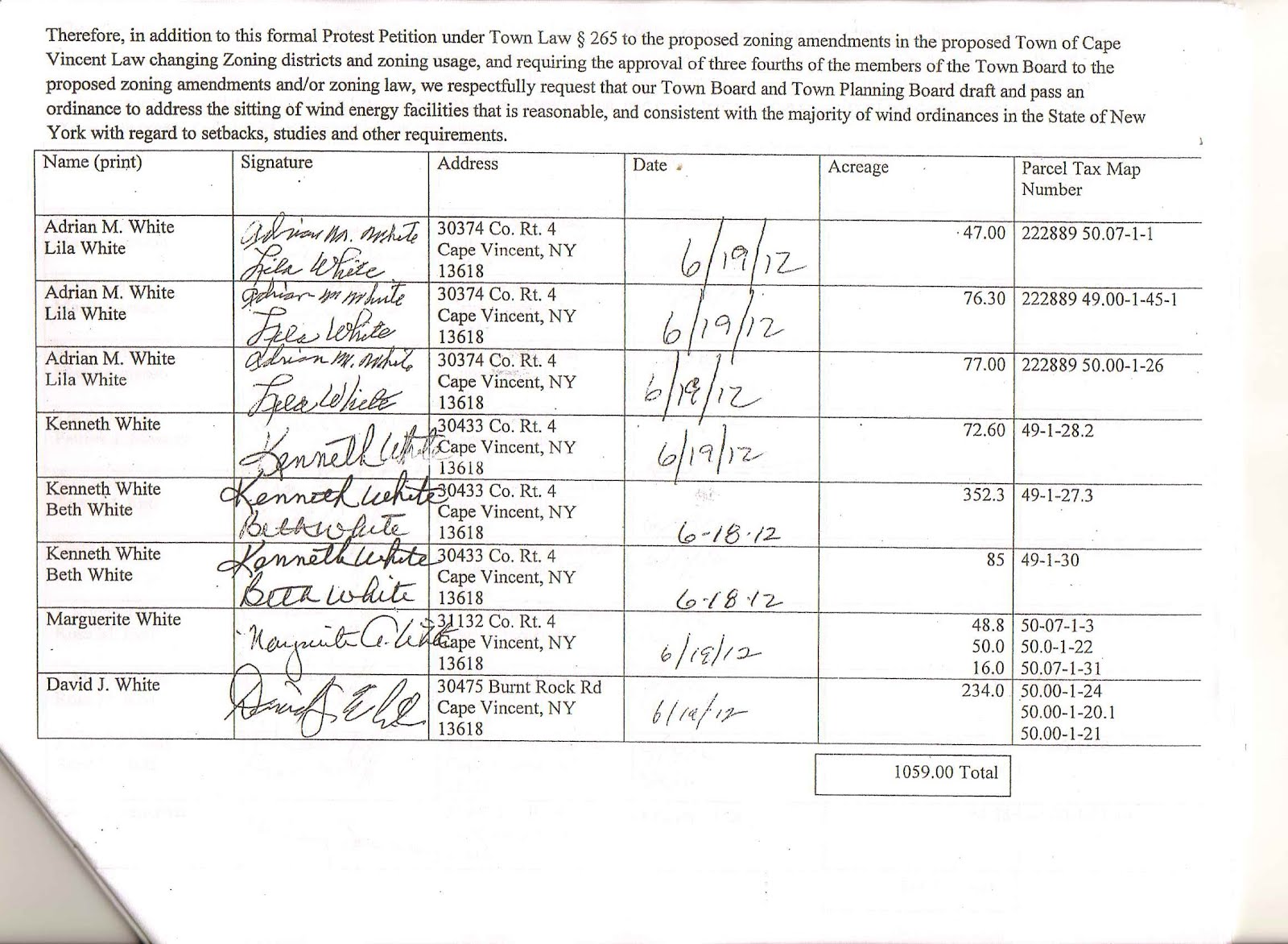 Cape Vincent Wind Farm A protest petition signed by Land owners that