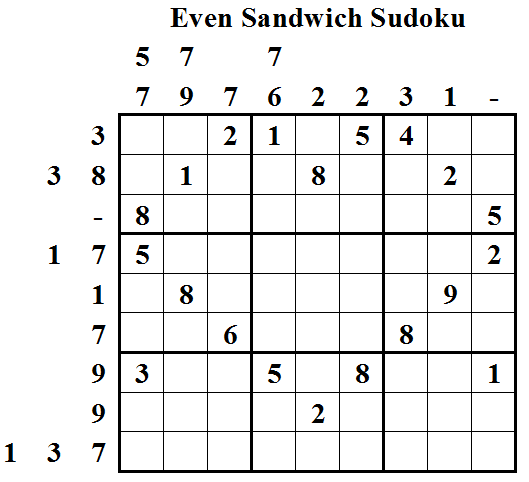 Even Sandwich Sudoku (Daily Sudoku League #6)