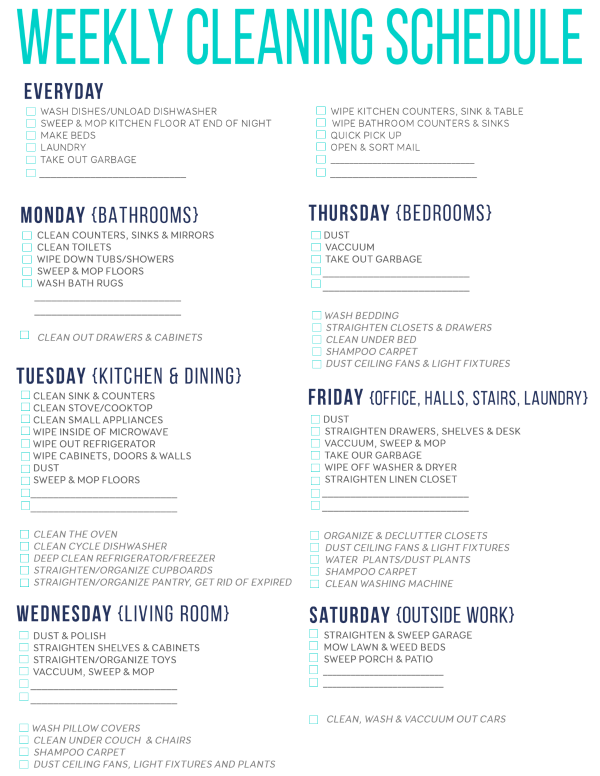 Weekly cleaning schedule printable