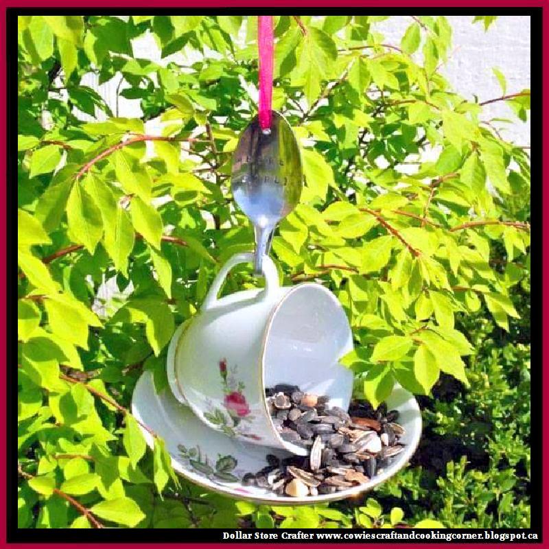 Dollar Store Crafter Teacup Bird Feeder With Hand Stamped Bent Spoon