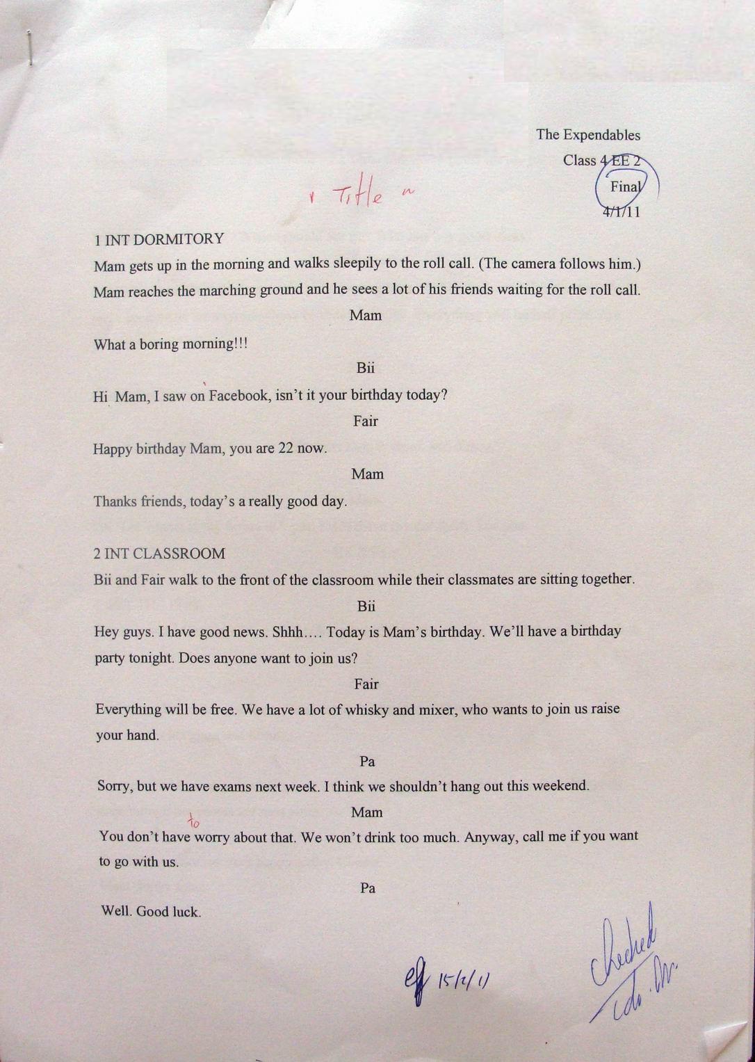 Project Work in (English) Language Teaching Short Film Script