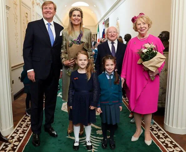 Queen Maxima wore a outfit from Claes Iversen 2019 collection. Michael D Higgins and his wife Sabina Higgins