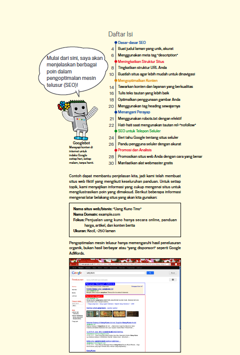 Tampilan Daftar Isi Buku Panduan Memulai Pengoptimalan Mesin Pencari dari Google Tampilan Daftar Isi Buku Panduan Memulai Pengoptimalan Mesin Pencari dari Google