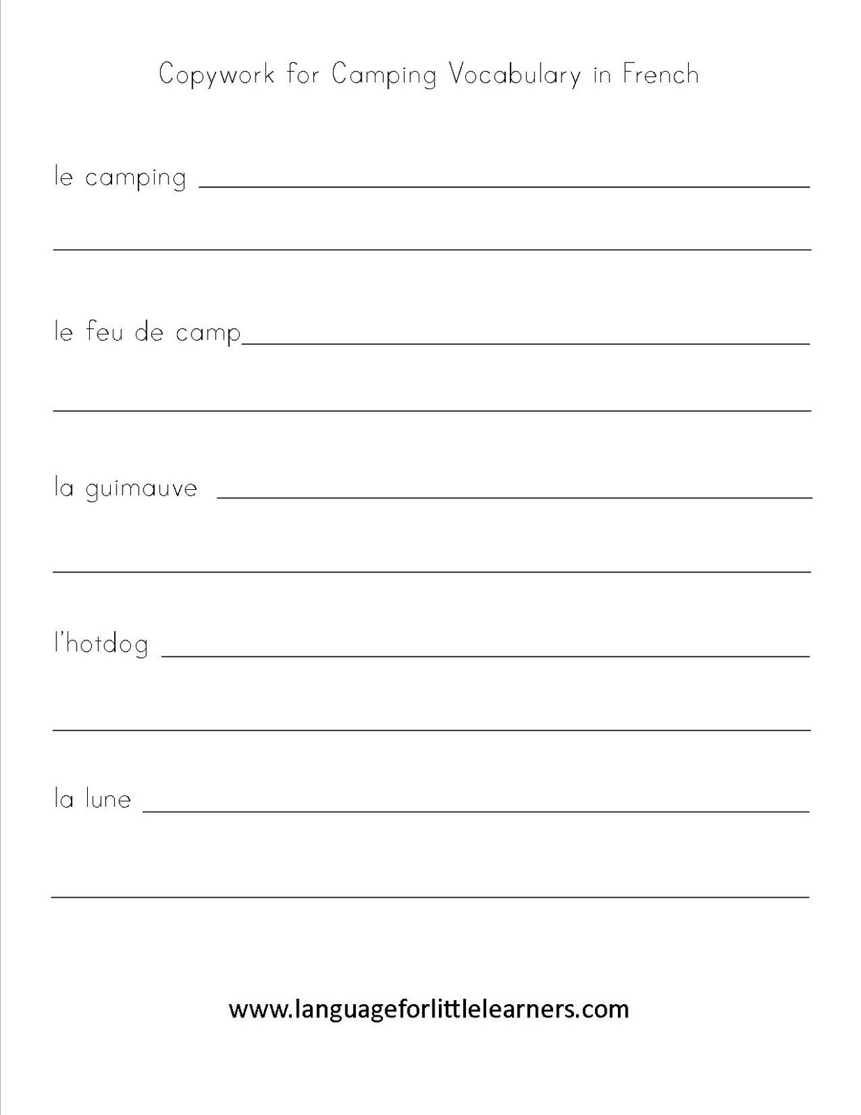 Language for Little Learners French Camping Vocabulary Copywork Pages