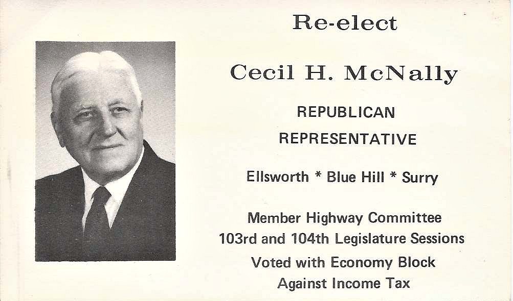 Heirlooms Reunited c1967 Campaign Card of Maine State Representative Cecil Hazen McNally of