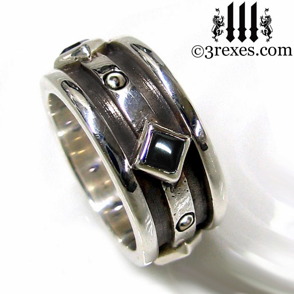 mens silver gothic wedding ring with black onyx
