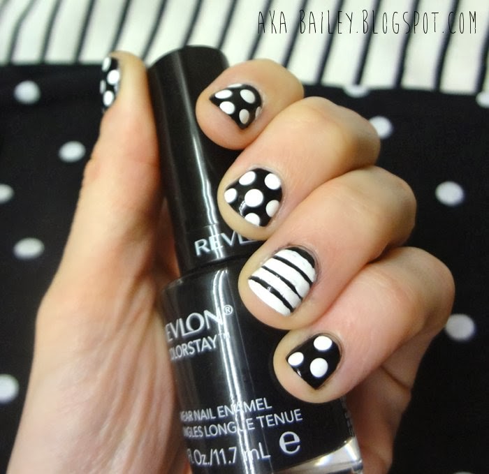 Black nails with white polka dots, white nails with black stripes