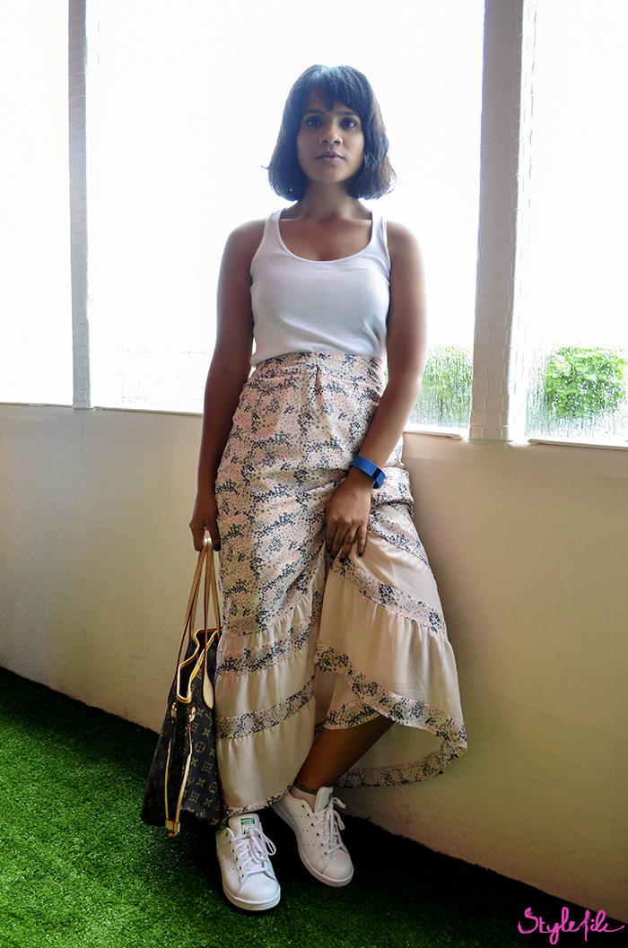 Dayle Pereira, blogger at Style File shows off her street style at Lakme Fashion Week in a maxi skirt, tank top, adidas originals stan smith sneakers and louis vuitton neverfull bag