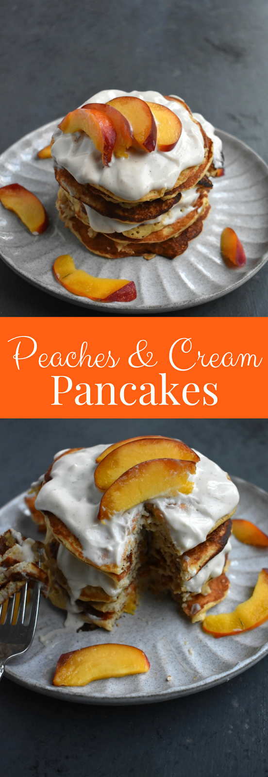 Whole-Grain Peaches and Cream Pancakes are dairy-free, whole-grain, gluten-free and full of delicious juicy peaches and cream. They make the perfect breakfast and a great for meal prep! www.nutritionistreviews.com