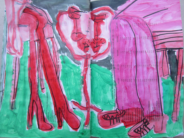 Pintura realizada sobre un libro/cuaderno que muestra la Vista de las piernas de una pareja que toma algo en una terraza, obra de Emebezeta, datada en junio de 2012 y hecha con rotulador y pintura acrílica.