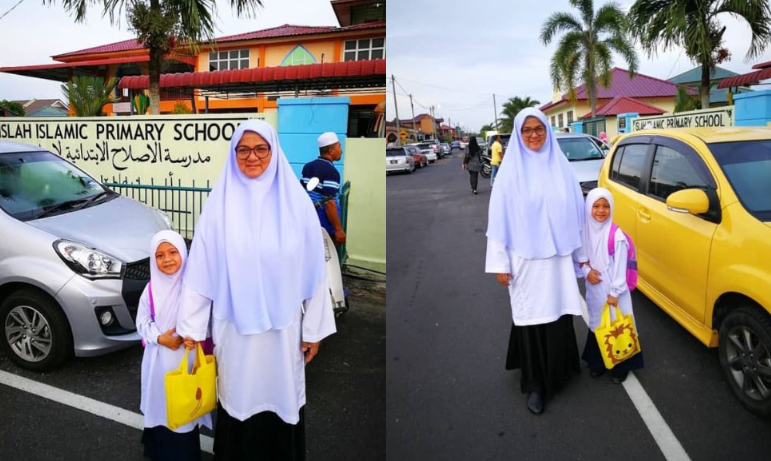 Nenek teman cucu pakai baju seragam