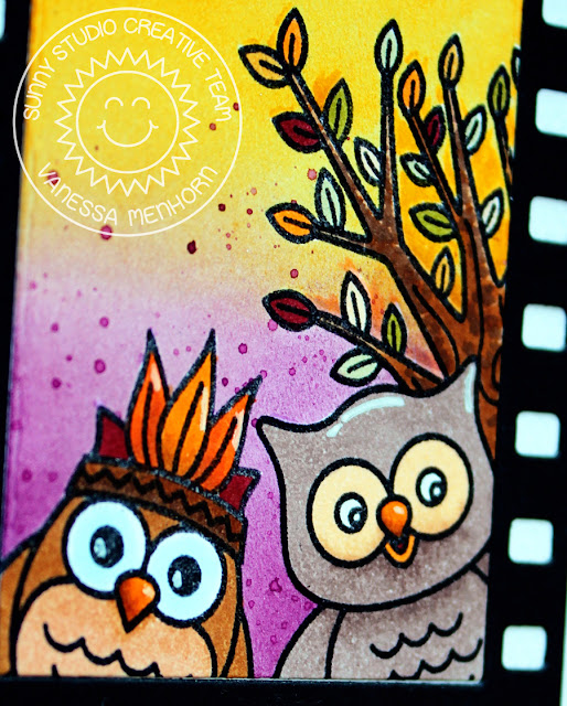 Sunny Studio Stamps: Fall Flicks Filmstrip Happy Harvest Happy Owl-O-Ween Halloween Themed Card by Vanessa Menhorn