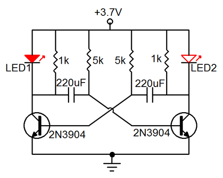 Astable multivibrator-2 LED flashing circuit,2N3904,3.7V | CircuitsTune
