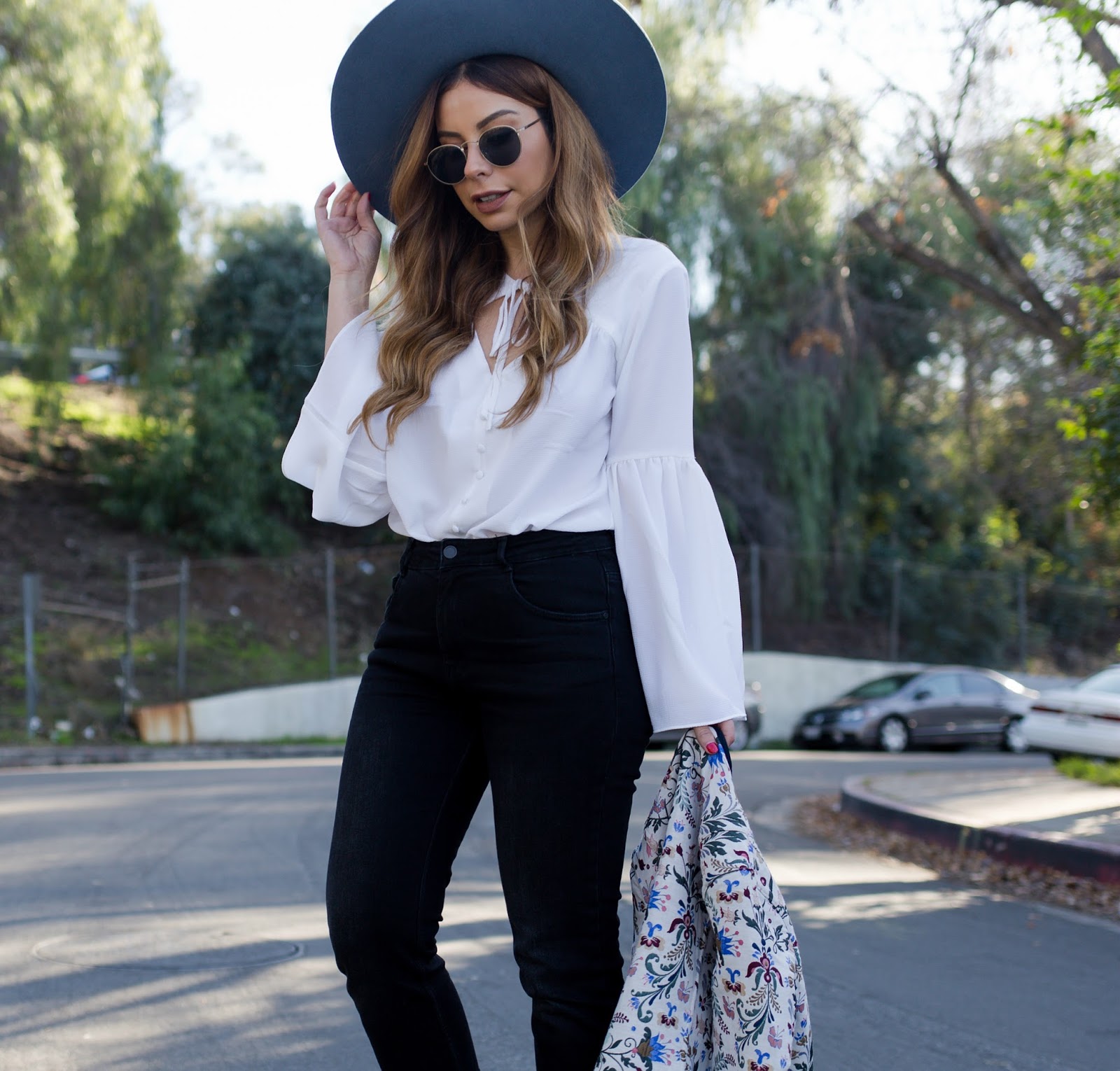 Stiletto Beats, new york and company, eva mendez, embroidered jacket, bell sleeve blouse, brixton hat, fringe jeans, los angeles blogger,