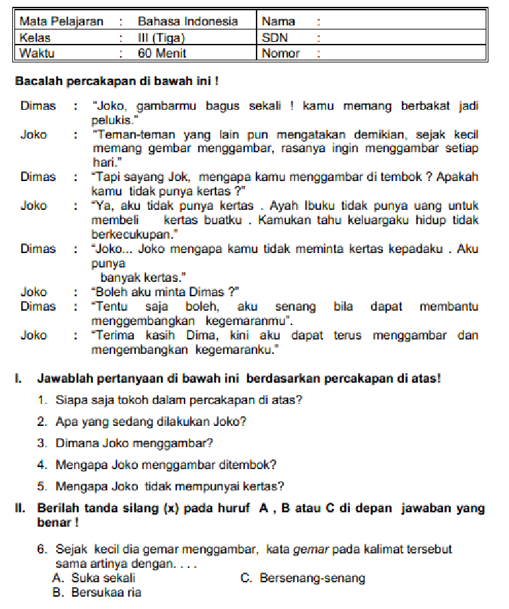 Soal Uas Bahasa Indonesia Smster 2 Kls 3 Ktsp