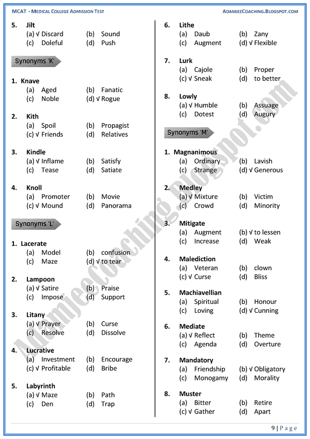 Adamjee Coaching MCAT English [Synonyms] Mcqs for Medical Entry Test