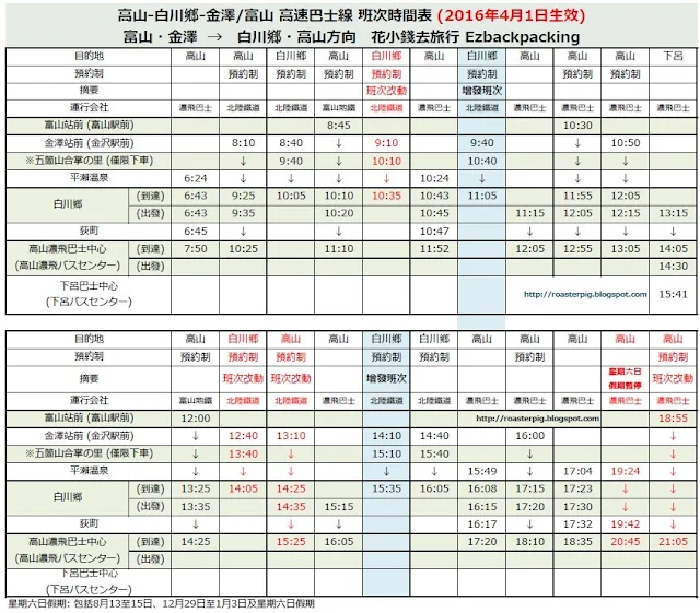 高山-白川鄉-金澤/富山 高速巴士線 班次時間表 (2016年4月1日生效)~花小錢去旅行