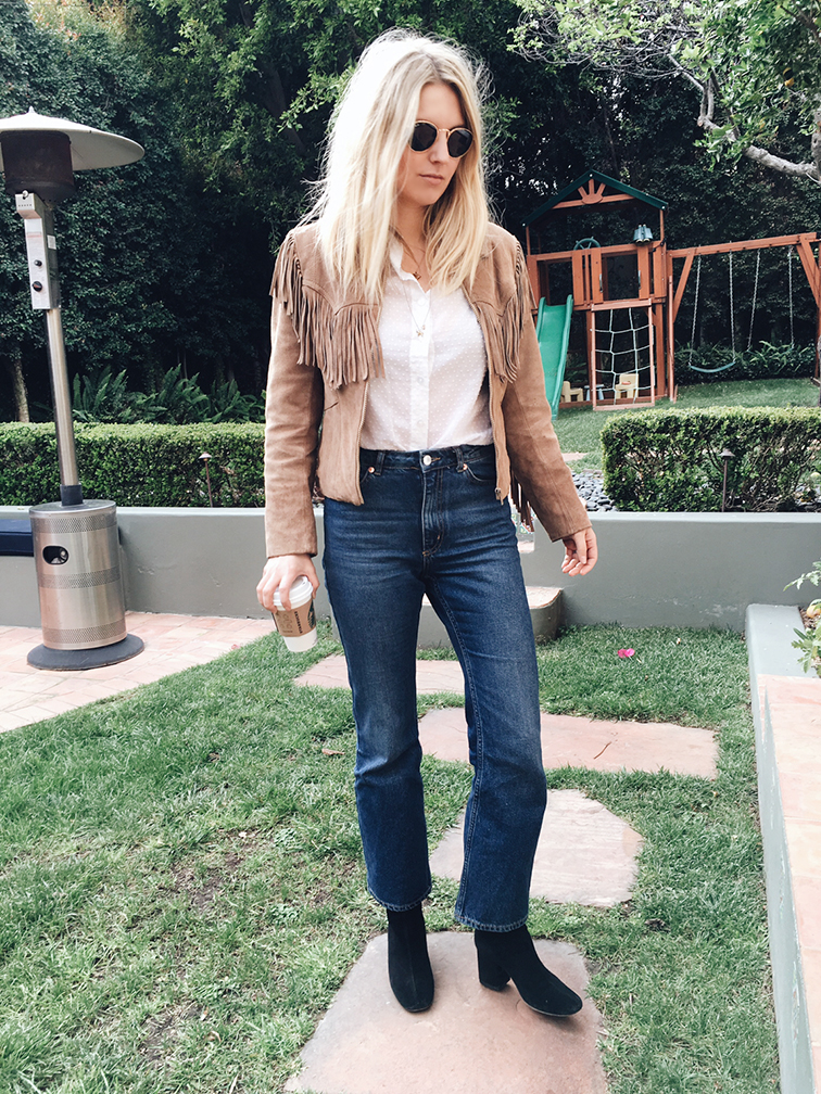 Vintage suede jacket, ASOS jeans, Ray-Ban Lennon sunglasses, Free People boots
