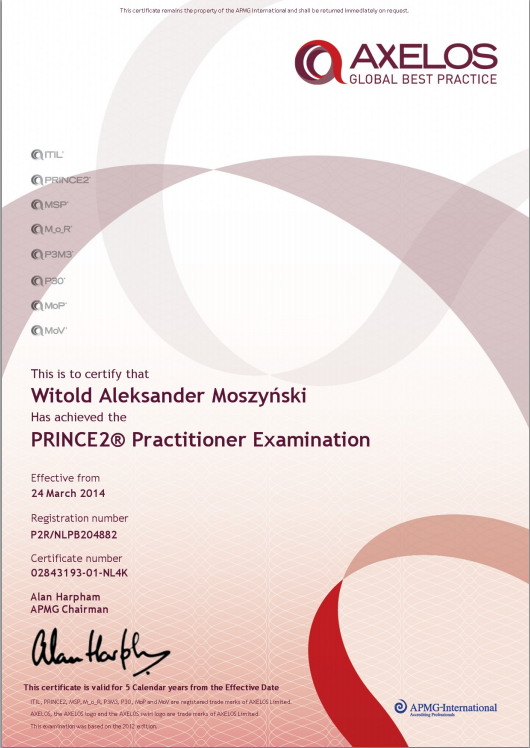 Certyfikat PRINCE2 Practitioner