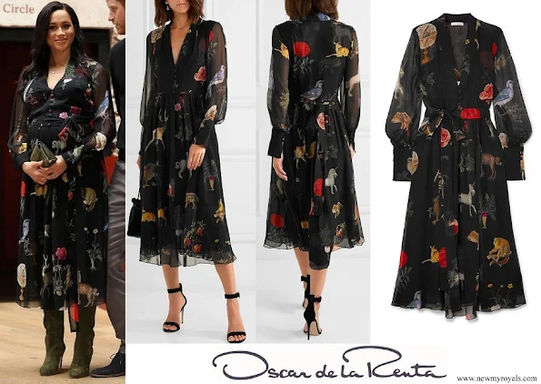 Meghan Markle wore Oscar de la Renta Belted printed silk-chiffon midi dress