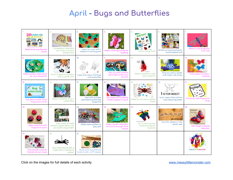 A bug and butterfly themed clickable kids activity calendar for April filled with 31 ideas of things to do with toddlers and preschoolers. Easy art craft sensory and outdoor activities for kids. FREE PRINTABLE