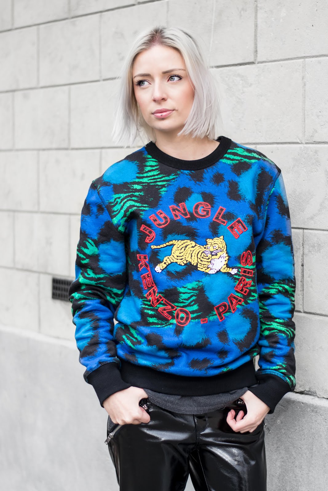 Kenzo x H&M sweater / sweatshirt, jungle print, leopard, cobalt blue, patent trousers, zara, cos minimal lace up shoes, outfit