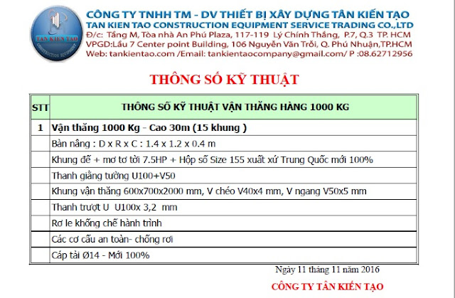 thông số vận thăng tải hàng