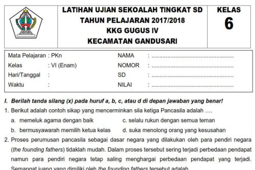 Soal Pkn Ujian Sekolah Kelas 6 Sd Tahun 2018