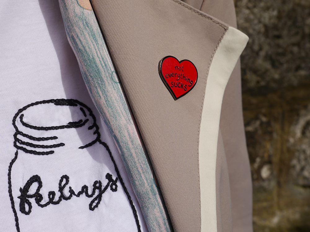 Not Everything Sucks, all the feelings Little Stabs embroidery by Polly B, Abandonship Apparel not everything sucks pin, outfit details