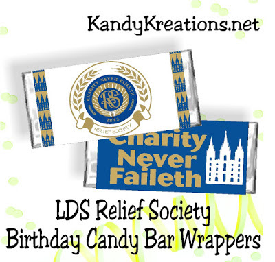Make your Relief Society Birthday party a little sweeter with these candy bar wrappers.  These four wrappers will fit around a regular Hershey candy bar wrapper and add a little fun to your Relief Society activity.