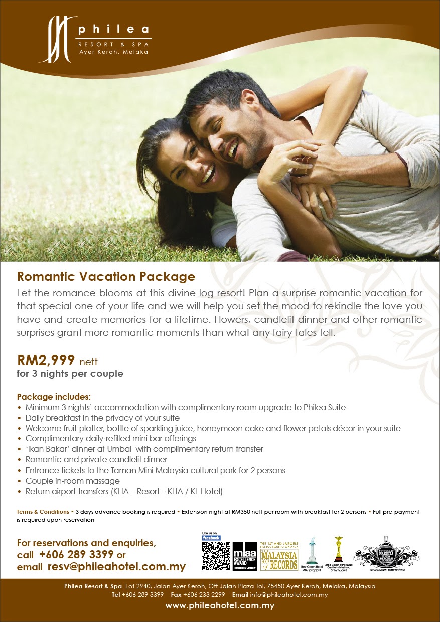 Romantic Vacation Package - Philea Resort and Spa in Ayer Keroh, Melaka RM2,999 nett for 3 nights per couple