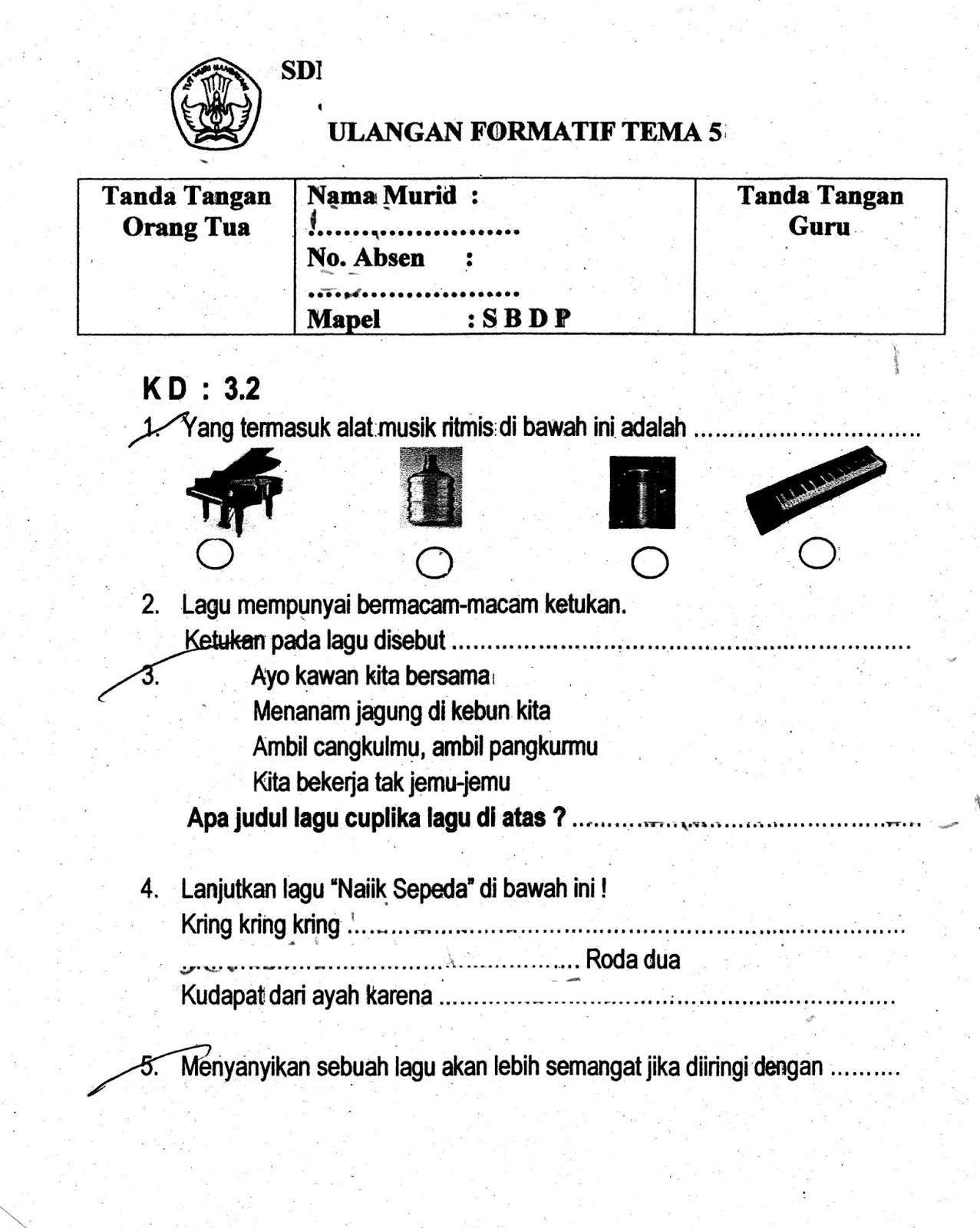 Formatif Tema 5 SBDP SD Kelas 1 TA 2015 2016 Kurikulum2013