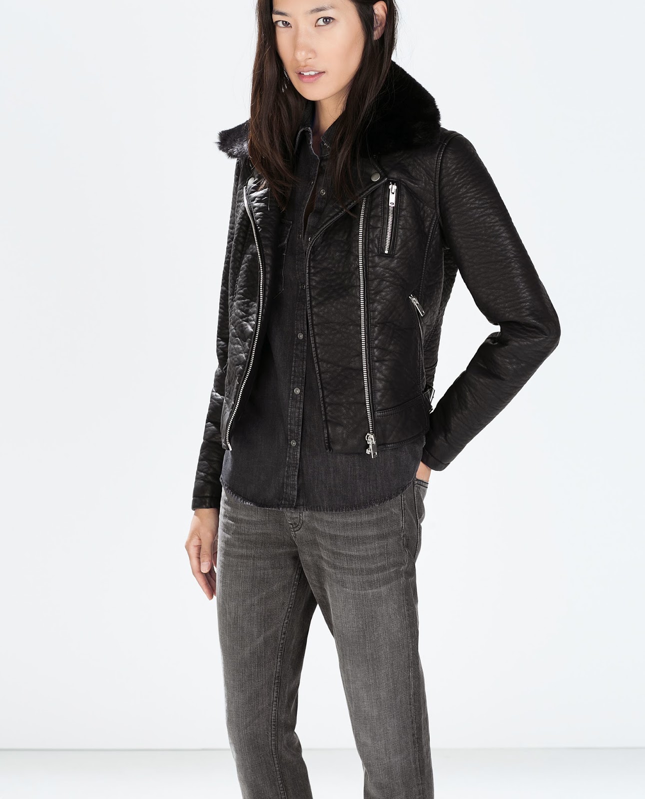 zara leather jacket fur collar