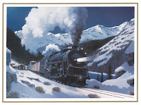One of Fogg's paintings of a steam locomotive coming through a snowy pass (the image was used on the front of a Christmas card).