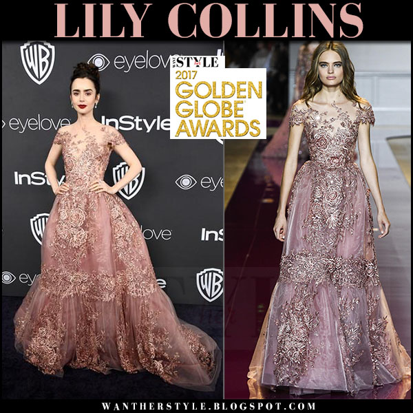I Want Her Style What Celebrities Wore And Where To Buy It Celebrity Style Lily Collins In Pink Lace Gown At The Golden Globes 2017